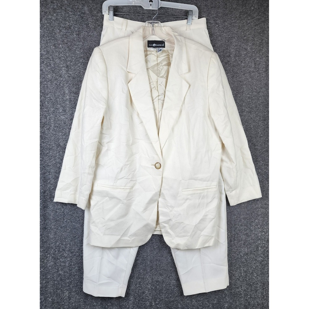 Sag Harbor Pant Suit Women 12 Cream 2 Piece Blazer Pleated Trousers Vintage